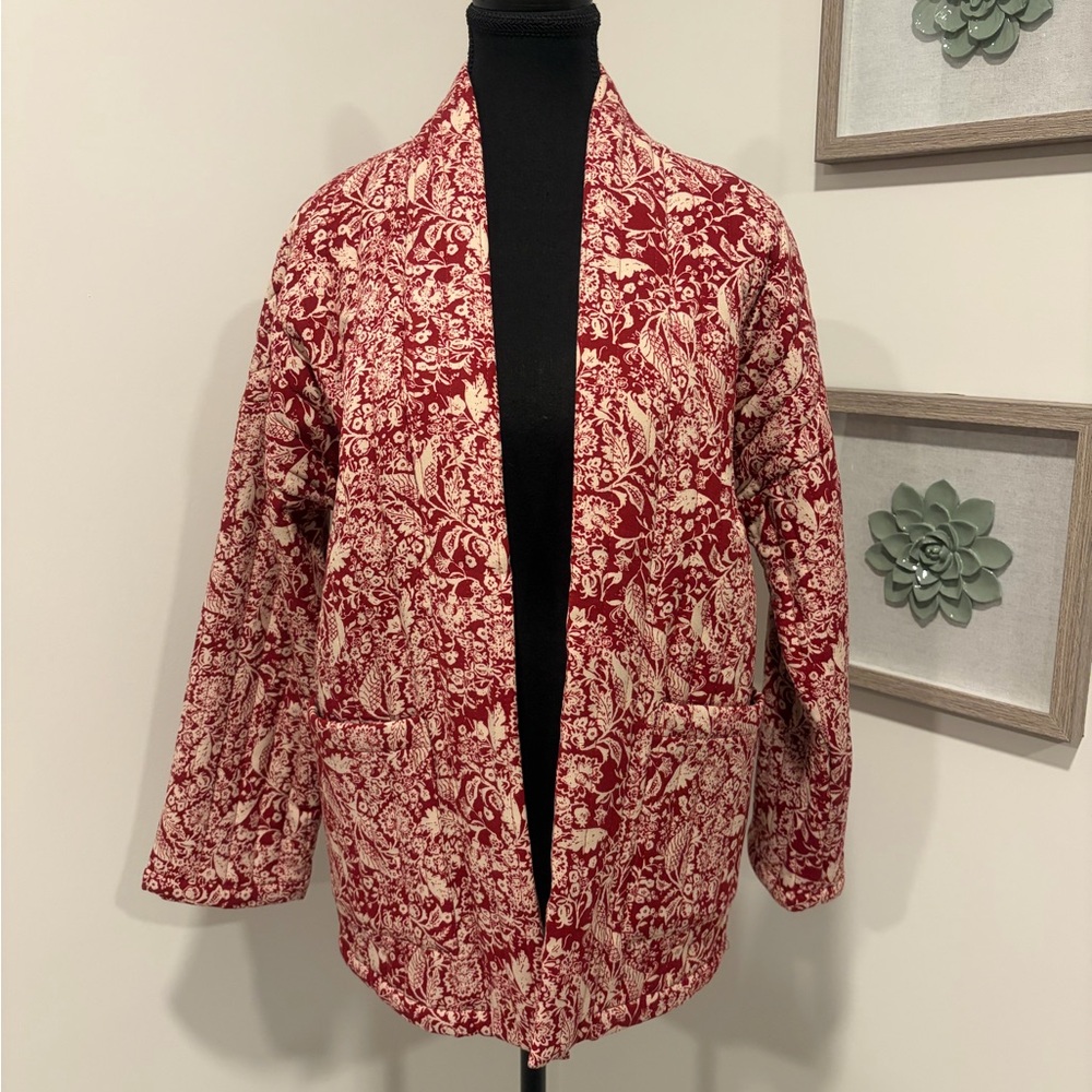 Autres Filles Red and Cream Floral Quilted Open Front Oversized Jacket NWT!